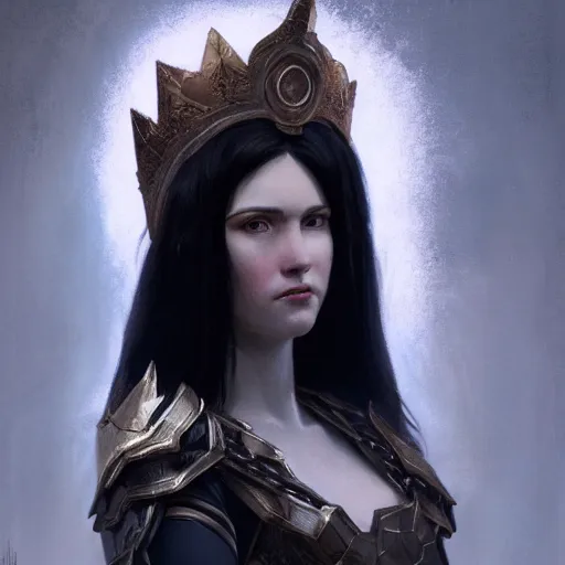 Prompt: portrait of a fantasy tall woman with black hair pale skin and a crown on her head, intricate baroque armour, glowing aura, trending on artstation, 4 k, greg rutkowski, concept art, matte painting,