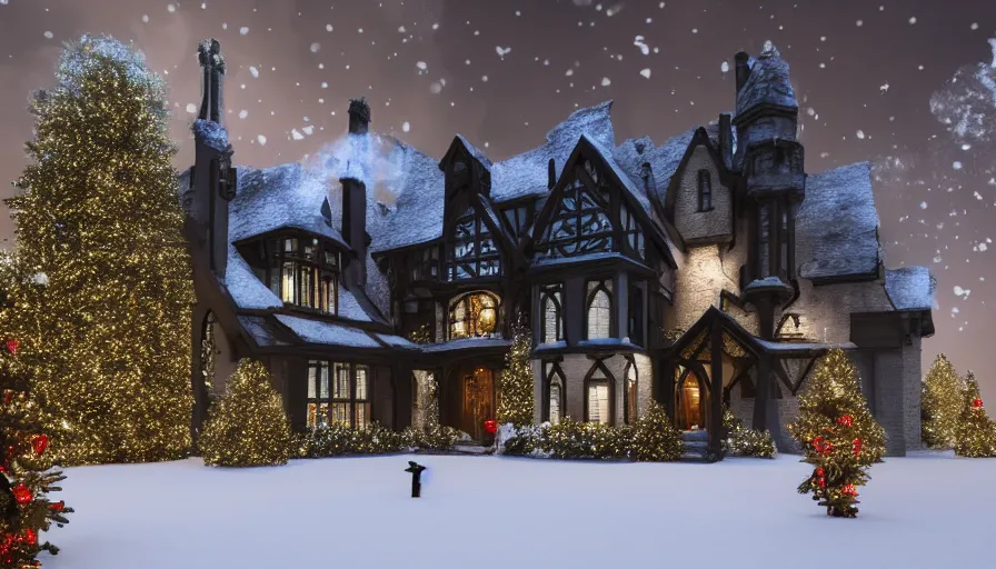 Prompt: Realistic image of a black Neo-Gothic manor with Christmas light built in a middle of snowy mountains with smoke coming out of the chimney at night, snowmen outside, hyperdetailed, artstation, cgsociety, 8k