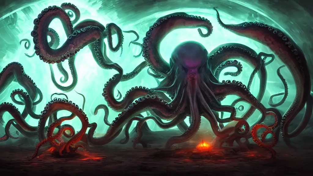 Prompt: mages in circle summoning an evil octopus beast. lighting, flux, bacteria. fantasy, digital painting, hd, ultra - detailed.