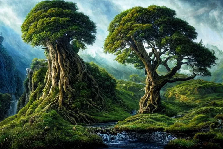 Image similar to masterpiece painting of lord of the rings tree of life on a hillside overlooking a creek, dramatic lighting, hyperrealism concept art of highly detailed by andreas franke