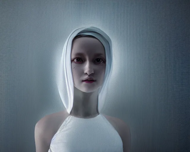 Image similar to a film still of a synthetic female human wrapped in white cloth, in neotokyo, cinematic lighting, high resolution, 4 k