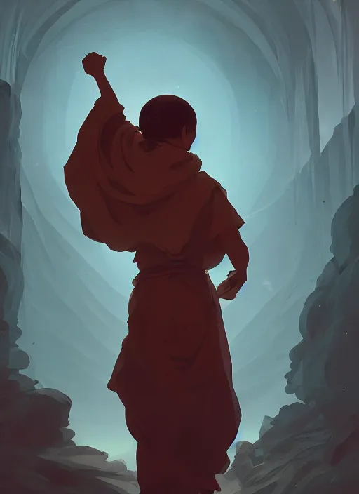 Prompt: A monk guiding a lost soul through a vast dark world with Broken Statues of Deities, in the Style of Artgerm and Charlie Bowater and Atey Ghailan and Mike Mignola, vibrant colors and hard shadows and strong rim light, Comic Cover Art, plain background, trending on artstation