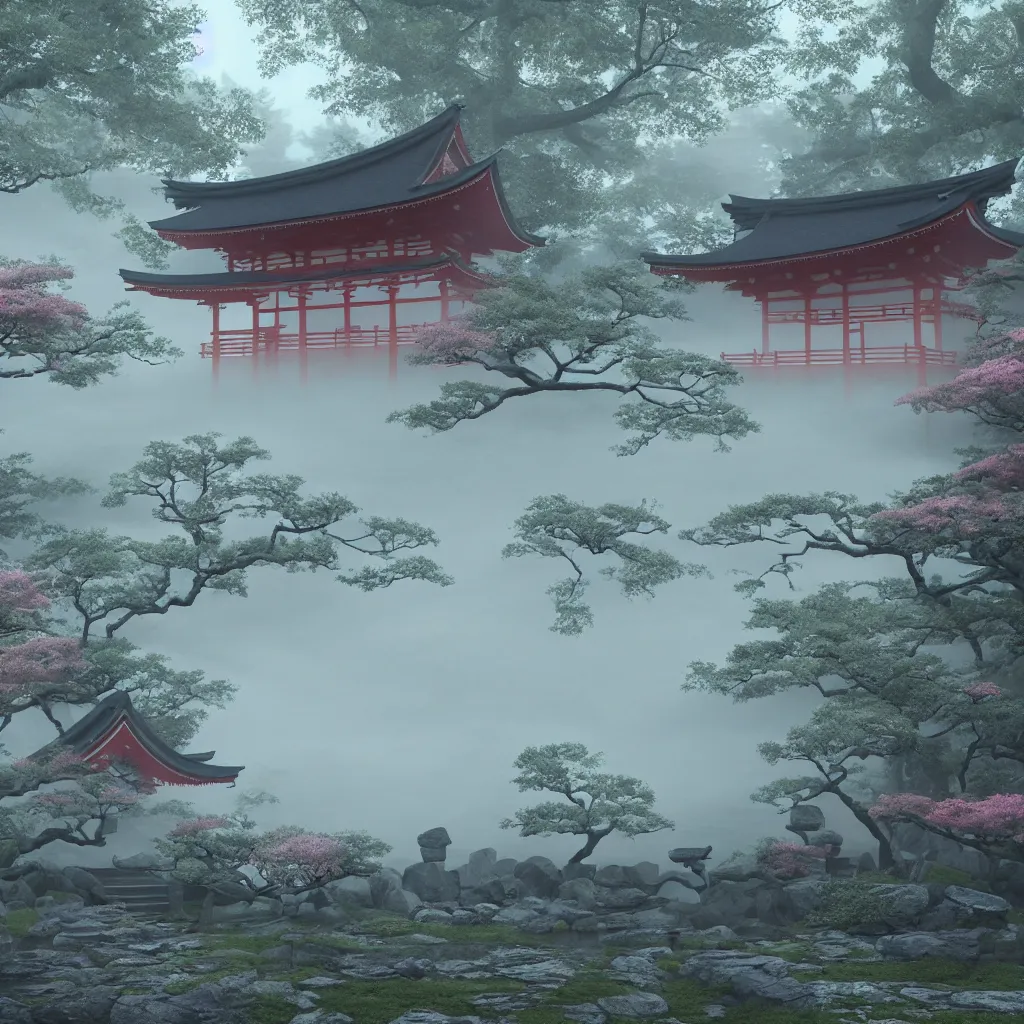 Image similar to Japanese shrine in misty morning, highly detailed, dreamlike!, 3D render, volumetric lighting, digital art, blue and pink accents, 8K photography, matte photo-realistic, vivid colors, perspective, octane render, breathtaking, by Maximilian DegenPro of Artstation