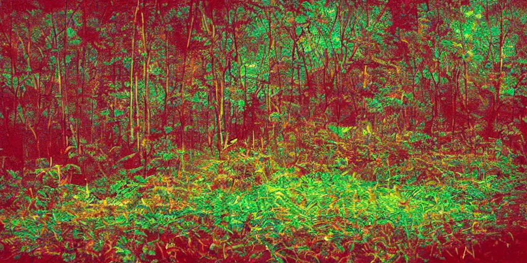 Prompt: analoge vintage photograph of a nature scene, Trippy lsd art, 70s colors, fractals, film grain, red color bleed
