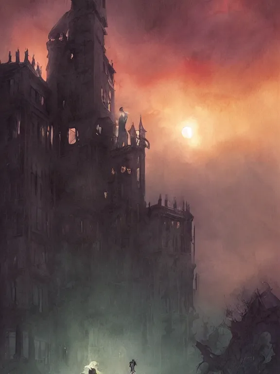 Prompt: a group of urban fantasy adventurers approach a tall and foreboding haunted house at sunset, teal spectral denizens rise from windows, magical realism, three heroes, prepared protagonists, journeyman exorcists, detailed realistic watercolor by greg rutkowski and kwanchai moriya, haunting, ominous, exciting, solemn, lightning study