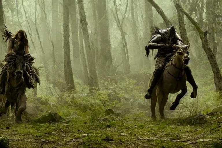 Image similar to vfx movie closeup detailed ancient armored warrior orc hunting riding large wolf in the forest, natural lighting by emmanuel lubezki