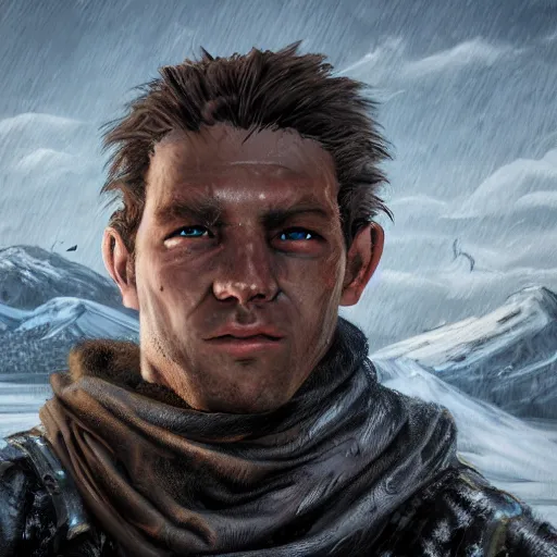 Image similar to A comic book style portrait painting of a male ranger in a a post apocalyptic winter landscape, unreal 5, DAZ, hyperrealistic, octane render, RPG portrait, ambient light, dynamic lighting