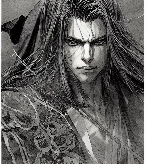 Image similar to portrait of anime man with long hair wearing a dark robe, pen and ink, intricate line drawings, by craig mullins, ruan jia, kentaro miura, greg rutkowski, loundraw