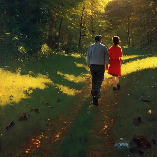 Image similar to A painting of a father and daughter walking through a beautiful forest holding hands, brunette hair, golden hour, art by Kenne Gregoire and Krenz Cushart, Norman Rockwell trending on artstation