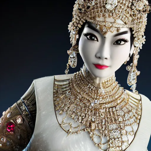 Image similar to portrait of wonderful asian princess of white diamond with fair skin, ornate with white diamonds, 8 k, gorgeous, intricate, detailed, glowing white accent lighting, dramatic lighting, octane render