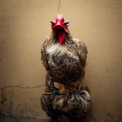 Image similar to man dressed as a chicken hiding around a corner, trending artstation, award winning photo