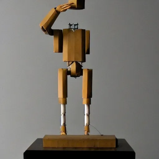 Image similar to minimalist, muted by aquirax uno star wars. a beautiful sculpture. i grew up on a farm. we worked the land. i helped dad program the agribots.