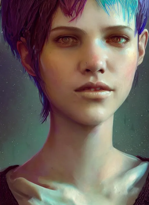 Prompt: beautiful young woman with short blue hair, au naturel, hyper detailed, digital art, trending in artstation, cinematic lighting, studio quality, smooth render, fluorescent skin, unreal engine 5 rendered, octane rendered, art style by klimt and nixeu and ian sprigger and wlop and krenz cushart