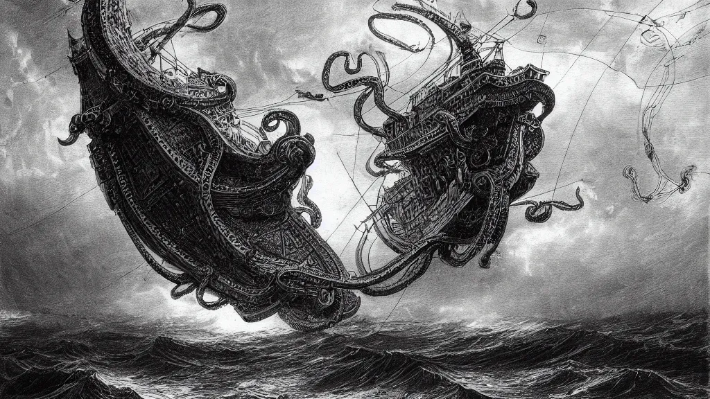 Prompt: drawing of an octopus attacking an airship above a stormy ocean, by gustave dore, nineteenth century, black and white, vintage, science fiction, epic composition, dramatic lighting, highly detailed