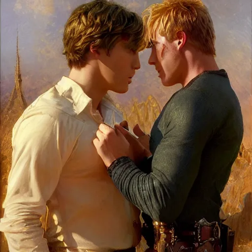 Image similar to attractive male, arthur pendragon who has blond hair confesses his love to attractive male, merlin who has dark hair. highly detailed painting by gaston bussiere, craig mullins, j. c. leyendecker 8 k