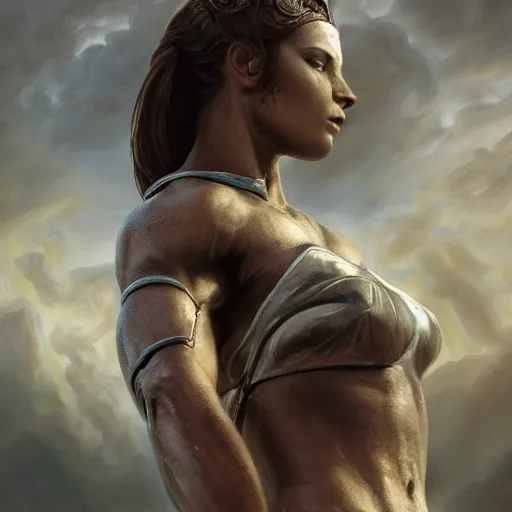 Image similar to Epic portrait, an muscular female spartan, greece, akropolis, glossy skin, beauty, digital painting, artstation, concept art, soft light, hdri, smooth, sharp focus, illustration, fantasy, intricate, elegant, highly detailed, D&D, matte painting, in the style of Greg Rutkowski and Alphonse Mucha and artemisia, 8k,