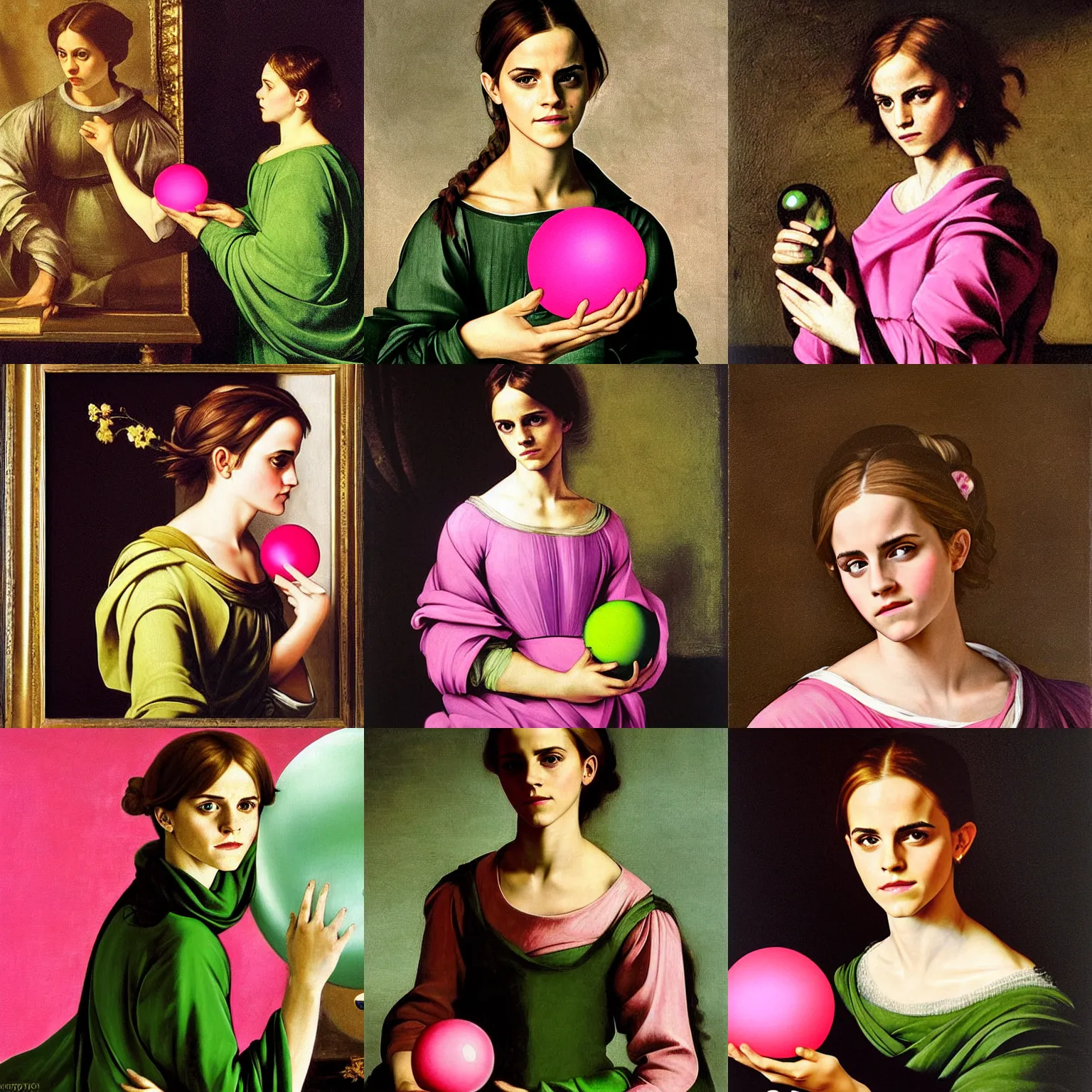 Prompt: Emma Watson wearing green tunic holding a pink glowing orb. Painted by Caravaggio high detail