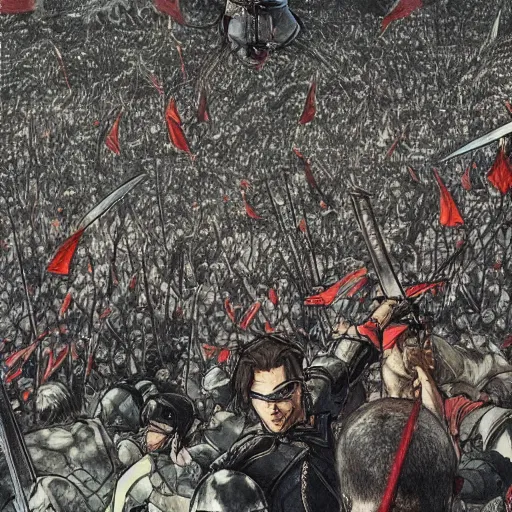 Prompt: one hero with sword looking at army of swordsmen in the background by yoji shinkawa, in the middle of an arena, crowd of people, pencil art, added detail, high definiton, colored, aerial view