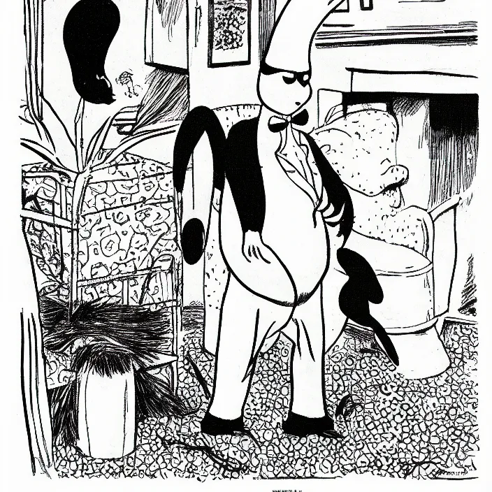 Prompt: a still frame from comic strip a bird in rabbit costume half pants 1 9 5 0, herluf bidstrup, new yorker illustration, monochrome contrast bw, lineart, manga, tadanori yokoo, simplified,