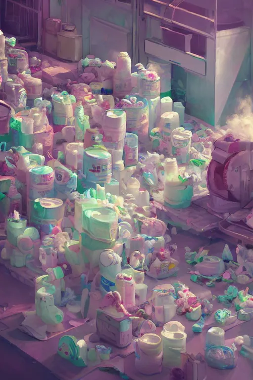 Prompt: Diaper Disposal Factory, Overflowing with Diapers, digital art, fantasy, trending on artstation, professional illustration, cgsociety, ultra detailed, volumetric lighting, celshaded, colorful, girly, lively, cute