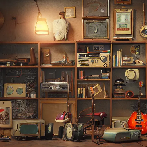 Prompt: a wall of retro and vintage items, groovy, highly detailed digital painting, concept art by yongfei liu, alben tan, vance kocas, octane rendered, low angle, god rays, cg society, unreal engine