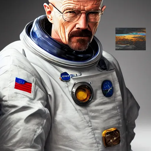 Image similar to walter white in a astronaut suit, intricate, highly detailed, digital painting, artstation, concept art, smooth, sharp focus, illustration, unreal engine 5, 8 k, art by artgerm and greg rutkowski and alphonse mucha