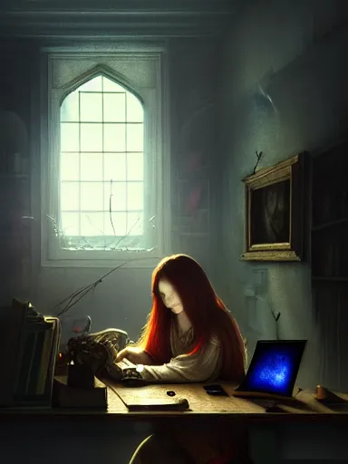 Prompt: an early morning in the it office by da vinci : : enchanting, ethereal, magical, glowing, sparkle, prismatic, portrait, character design, illustration, hyperrealism, photorealism, digital art, concept art, dark fantasy, whimsy, weta, wlop, artstation