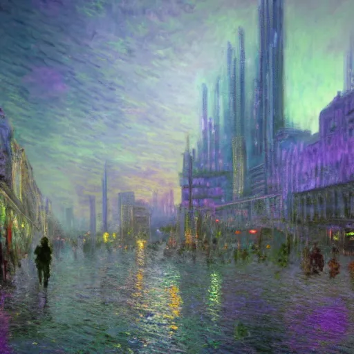 Prompt: a beautiful hyper realistic matte concept art painting of a city made out of amethyst crystal, super colorful, on a cloudy day, by monet and thomas kindade, howard knotts, moebius, and raphael lacoste, featured on artstation, featured on behance, unreal engine, cgsociety, 3 d render, landscape photography, wide angles, f 1 6