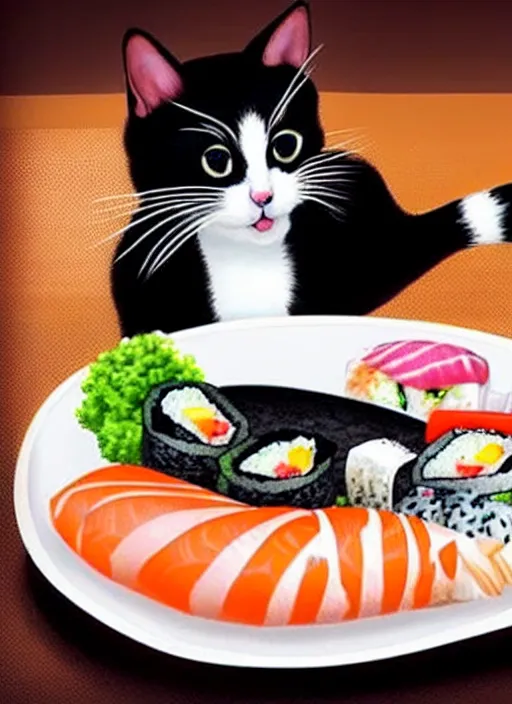 Image similar to clear photorealistic picture of adorable cats eating sushi