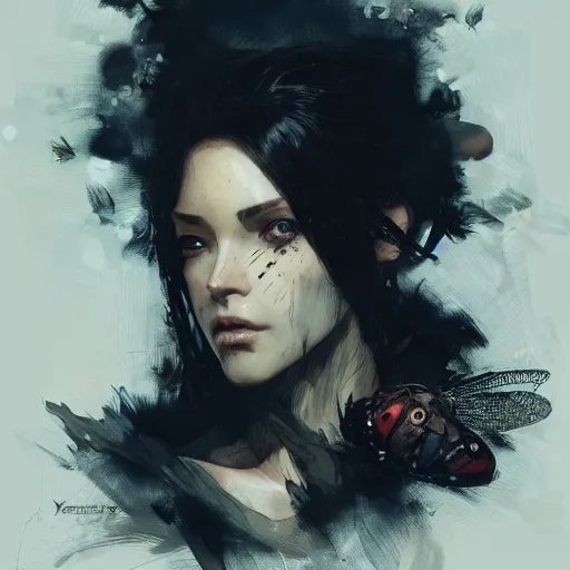 Image similar to portrait of a woman with black hair and insects coming put of her skin, dramatic lighting, illustration by Greg rutkowski, yoji shinkawa, 4k, digital art, concept art, trending on artstation