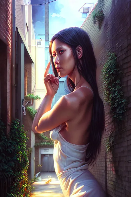 Prompt: Photorealistic hyperrealism in a shady backalley by Artgerm and WLOP