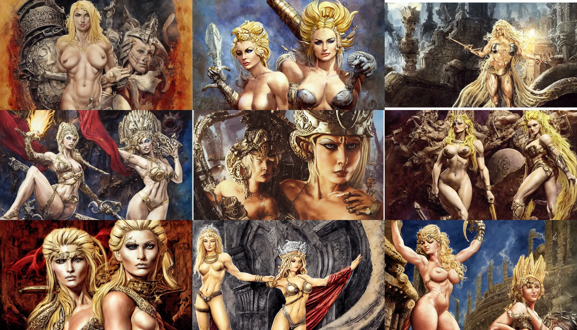 Image similar to A mixed media painting of a beautiful blonde goddess of mayhem, in a coliseum, very aesthetic, curvy, detailed face and eyes, spartan, by Frank Frazetta, Boris Vallejo, Greg Rutkowski, Christian MacNevin, epic fantasy character art, roman numerals, high fantasy, CGsociety, full length, exquisite detail, post-processing, masterpiece, cinematic, coliseum backdrop