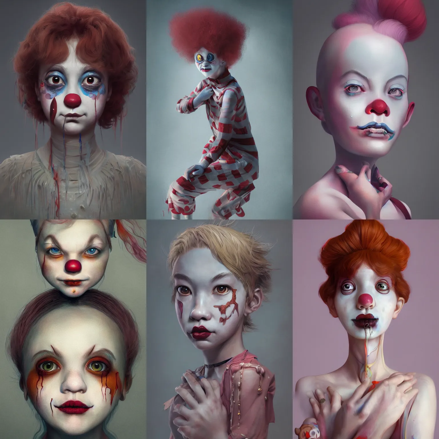 Prompt: breathtaking detailed painting of clown girl , with anxious, piercing eyes, art by Hsiao-Ron Cheng, Ja Miyazaki, extremely moody lighting, hyperrealistic, octane render, ambient light, dynamic lighting