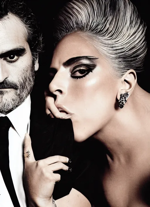 Image similar to lady gaga and joaquin phoenix styled by nick knight posing, full body shot, set pieces, intricate set, vogue magazine, canon, highly realistic. high resolution. highly detailed. dramatic. 8 k. 4 k.