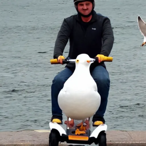 Image similar to A seagull on too of the the head of a man, the man is riding an electric scooter, he has a seagull on his head