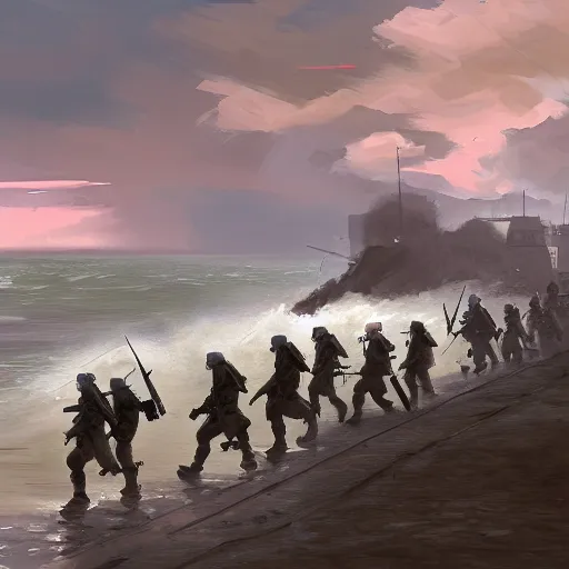 Image similar to soldiers storming the beaches of normandy on d - day, highly detailed, digital painting, concept art, sharp focus, by makoto shinkai