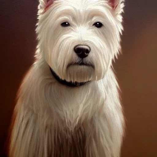 Image similar to west highland terrier, oil painting, fine art, artstation, masterpiece, cinematic lighting, very realistic, highly detailed