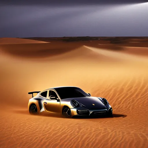 Prompt: a sports magazine image a slick, new, and cool looking porsche drifting down a sand dune in the Arabian desert during a monsoon dust storm, porsche racing car drives ahead of a dust storm in the Arabian desert, Haboob in the background w/ bolts of lightning striking the dubai desert, fantasy illustration, detailed painting, and deep color