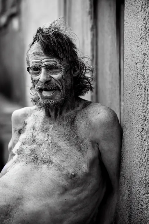 Image similar to 3 / 4 body photo of a old ginger men crackhead! with disgusting teeth, shady dark backalley at night, nerdy appearance, smooth, sharp, 8 5 mm, f / 1. 3