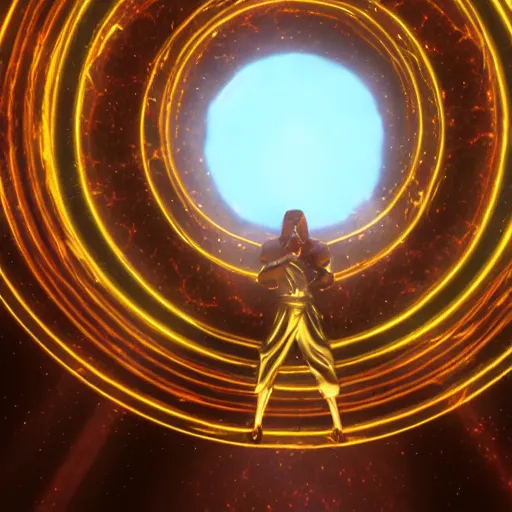 Image similar to a celestial god getting out of an intricate iridiscent halo portal in the heavens, cinematic unreal engine 5