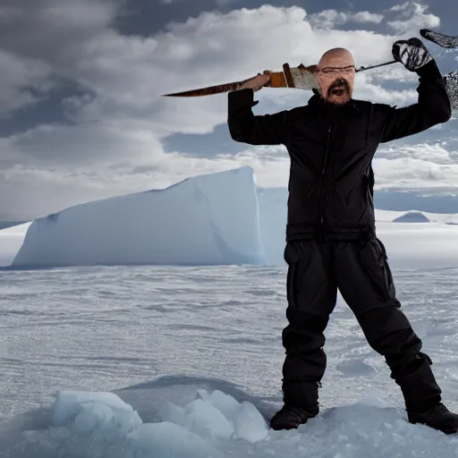 Image similar to Walter White holding an axe in the middle of Antarctica, cold terrain, master shot, moody light, highly realistic, 8k