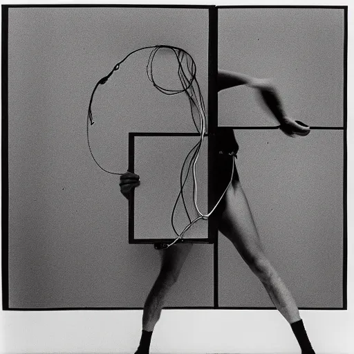 Prompt: a minimalist portrait of Marcel Duchamp holding computer cables in the style of Annie Leibovitz, Irving Penn, Hito Steyerl, Akira Kurosawa, Shinya Tsukamoto, line drawing and 35mm film, wide angle, monochrome, futuristic tetsuo