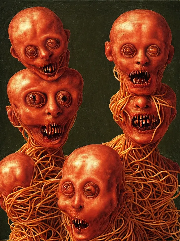 Image similar to siamese twins made of spaghetti sitting in a tub full of tomato sauce, looking straight into camera, screaming in desperation, by giuseppe arcimboldo and ambrosius benson, renaissance, intricate and intense oil paint, a touch of joseph cornell, beksinski and hr giger and edward munch, realistic