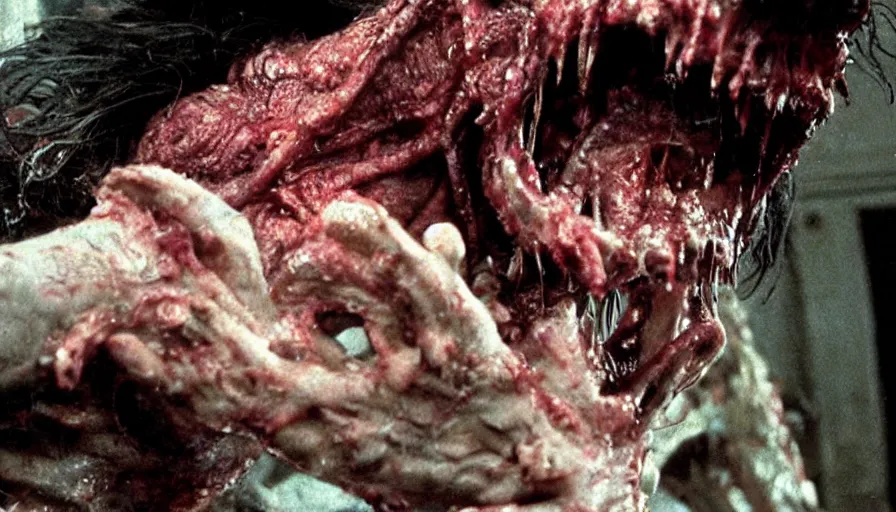 Prompt: a demonic vile disturbing disgusting horror visceral monster eating a man, from the thing, david cronenberg, tom savini, greg nicotero