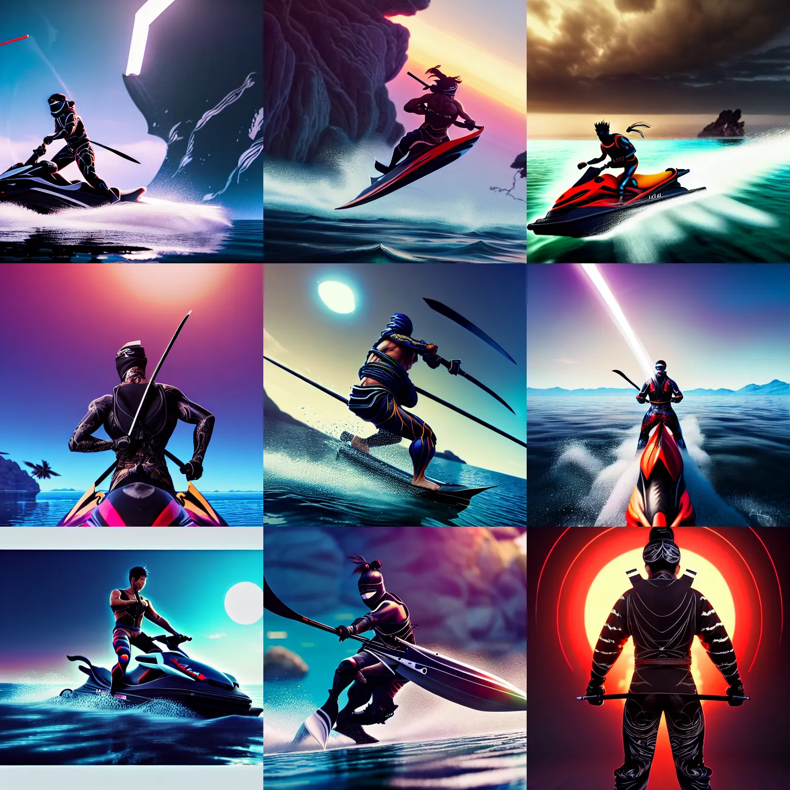 Prompt: a full body painting of a [ ninja on jetski ], katana on his back, intricate, epic lighting, cinematic composition, hyper realistic, 8 k resolution, unreal engine 5, by artgerm, tooth wu, dan mumford, beeple, wlop, rossdraws, james jean, andrei riabovitchev, artstation