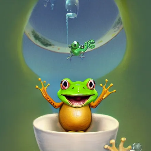 Prompt: playful long shot of a very happy cute frog baby sitting in a searose cup, by esao andrews, by m. w. kaluta, very humorous illustration, small depth of field, perspective perception, volumetric light, warm cosy colors, night scenery, low light, unreal engine 5, 8 k, conceptart, hyperdetailed, hyperrealistic, trending on artstation