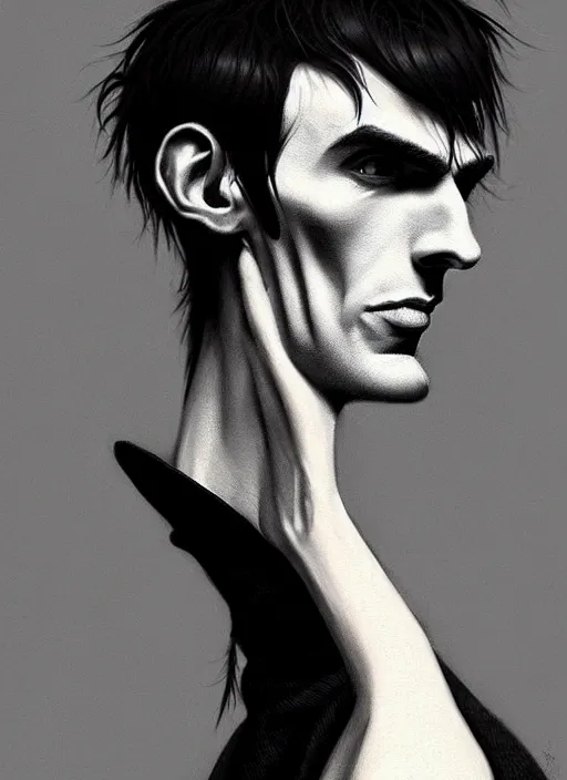 Image similar to portrait of a lanky man with a crooked nose and a confident expression, 1 9 6 0 s, black clothes, goth, punk, funk, intricate, elegant, highly detailed, digital painting, artstation, concept art, smooth, sharp focus, illustration, art by wlop, mars ravelo and greg rutkowski