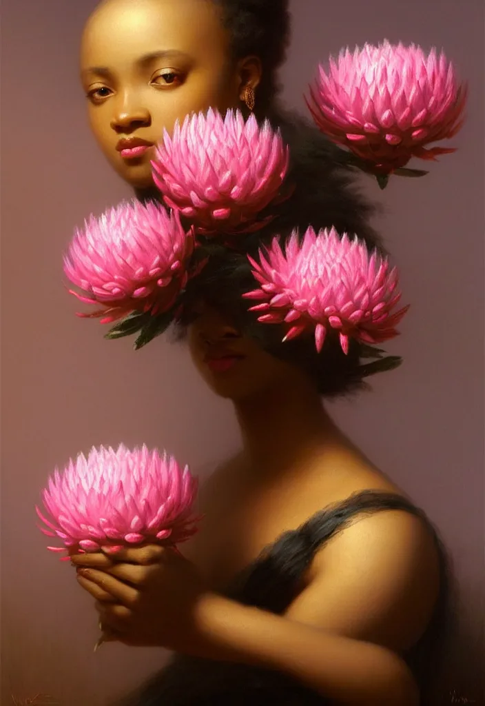 Prompt: stunning african princess, detailed pink and white proteas against a black backdrop by ivan aivazovsky, wlop, oil painting, soft lighting, muted colours, artstation