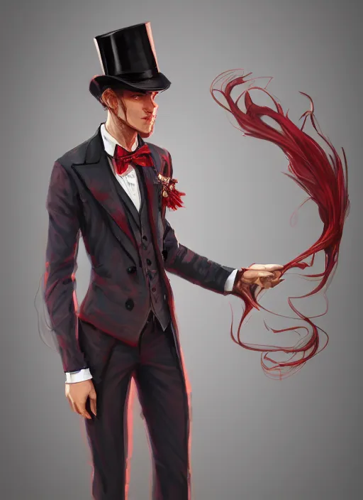 Image similar to a highly detailed illustration of stylish top hat wearing red haired attractive man, wearing suit vest, flashy leaning back pose, intricate, elegant, highly detailed, centered, digital painting, artstation, concept art, smooth, sharp focus, league of legends concept art, WLOP