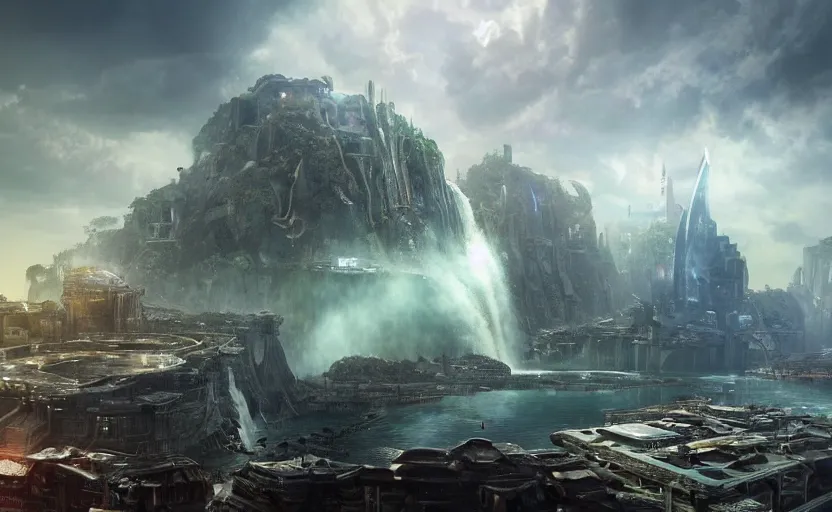 Image similar to a beautiful photo of a metropolis built on a island floating above the sea in the sky, waterfalls fall from the island into the sea, realistic, video game concept art, scifi, highly detailed, photography, ue 5, imax quality, cinematic, epic lighting, in the style of doom and quake and greg rutkowski